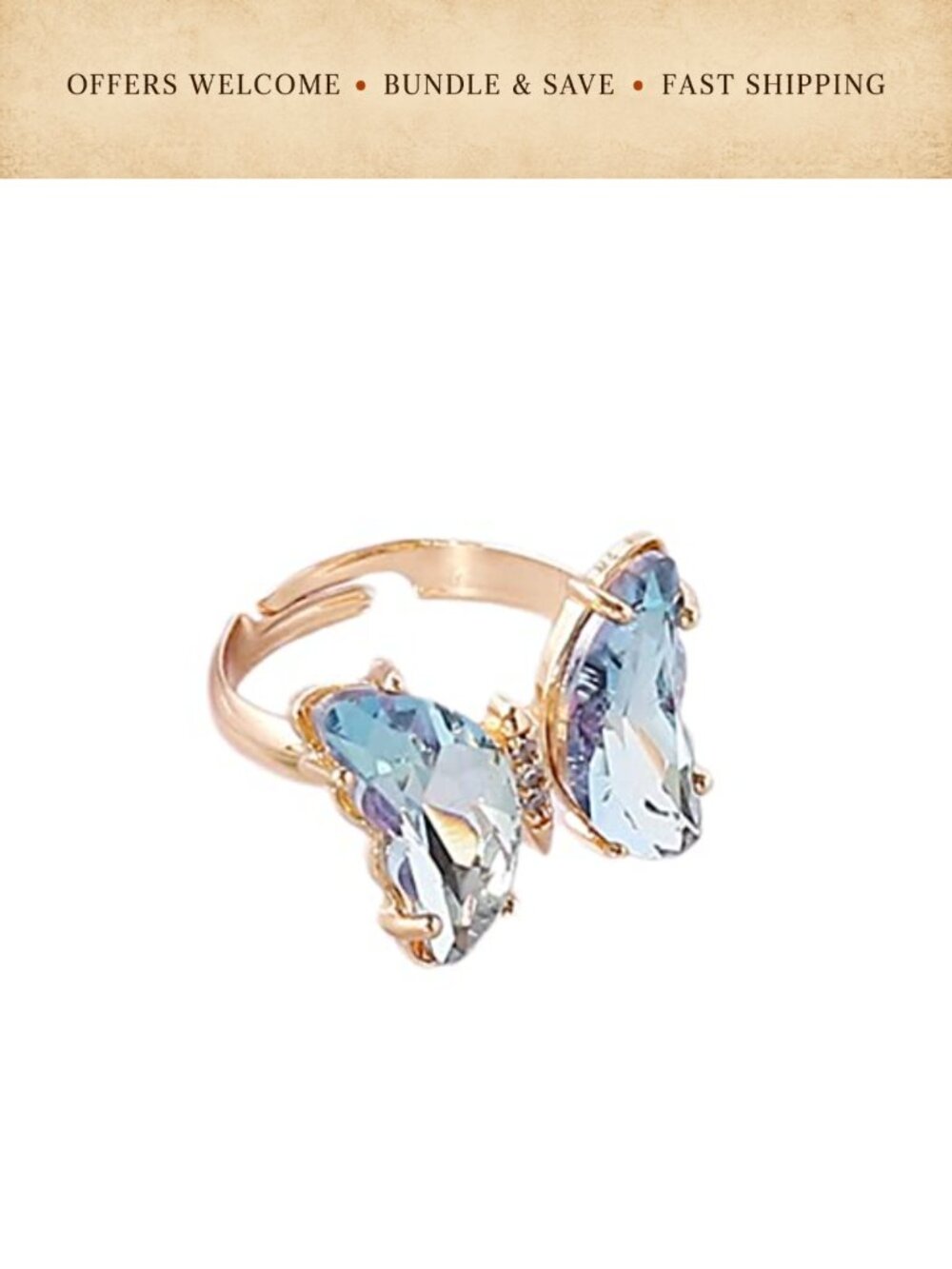 Gold Plated Crystal Butterfly Statement Ring Adjustable